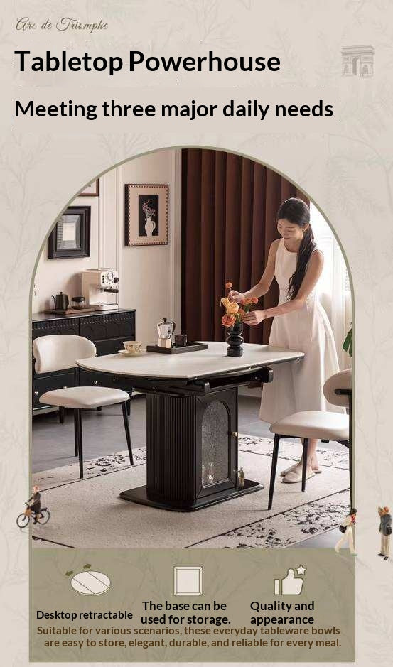 Rubberwood Solid Round Extendable Pedestal Dining Table with Stone Top and Storage Base