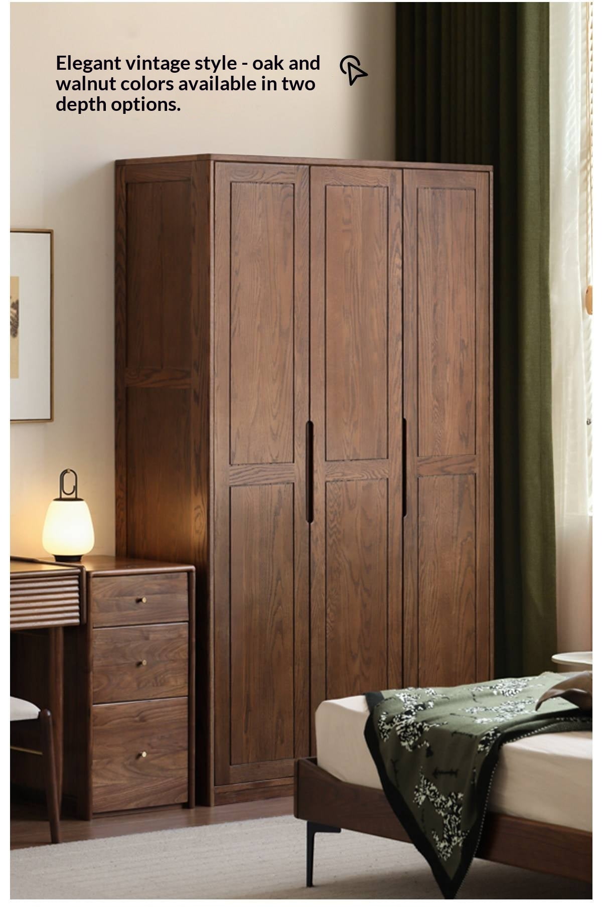 Oak solid wood Wardrobe with Flat Panel Doors and Groove Handles