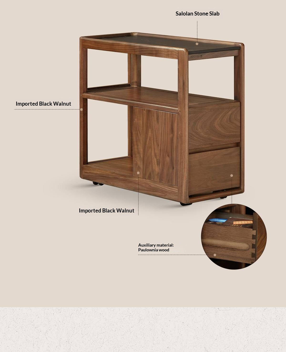 Black Walnut, Sandalwood, Oak, Ash Rolling Side Table with Stone Top and Open Storage Shelves