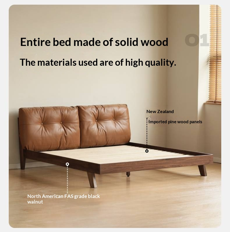 Black Walnut Solid Wood Bed with Top Genuine Leather Upholstery and Nordic High Headboard