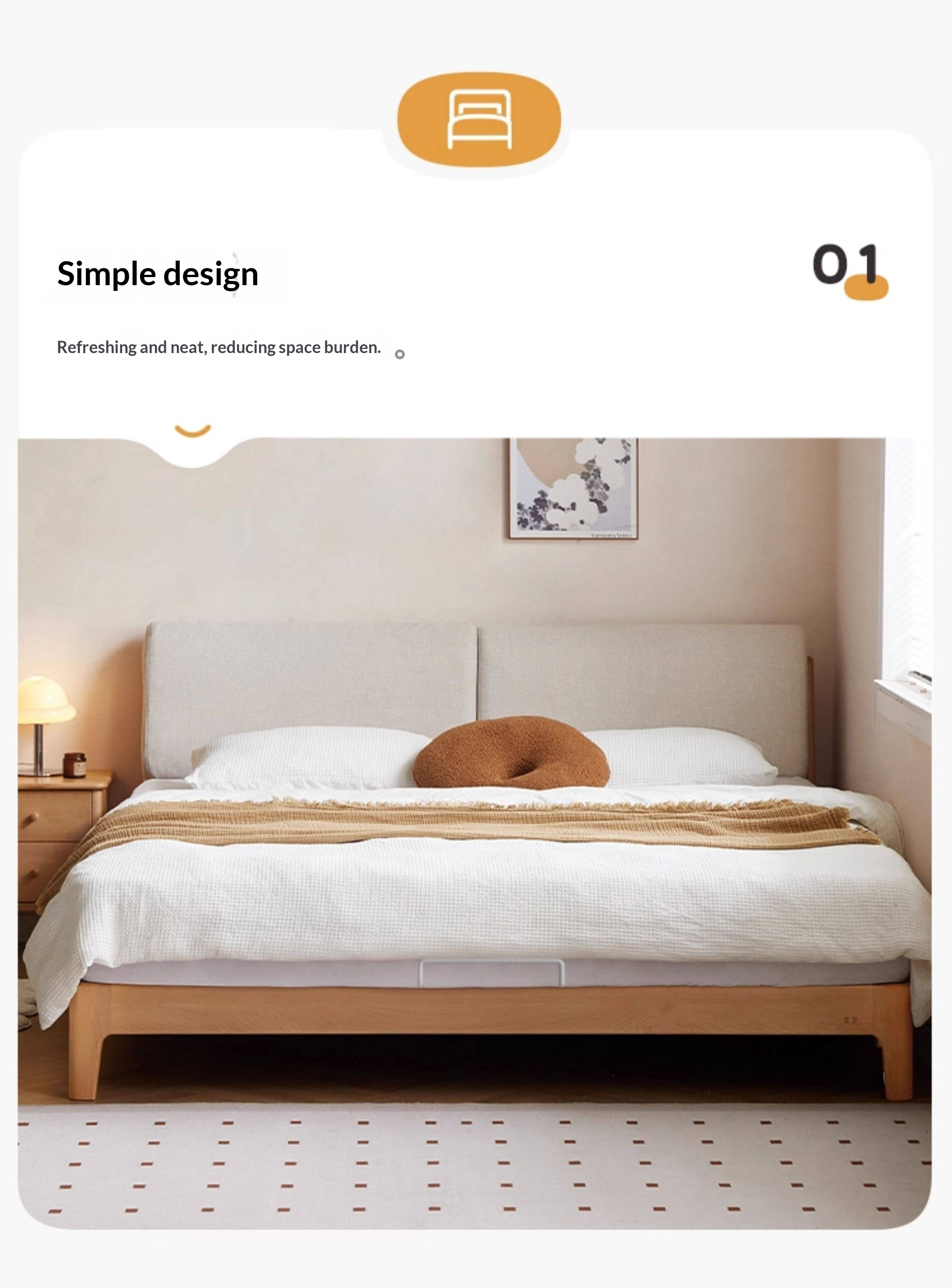 Beech Solid Wood Upholstered King Bed — Soft Headboard with Fabric Upholstery