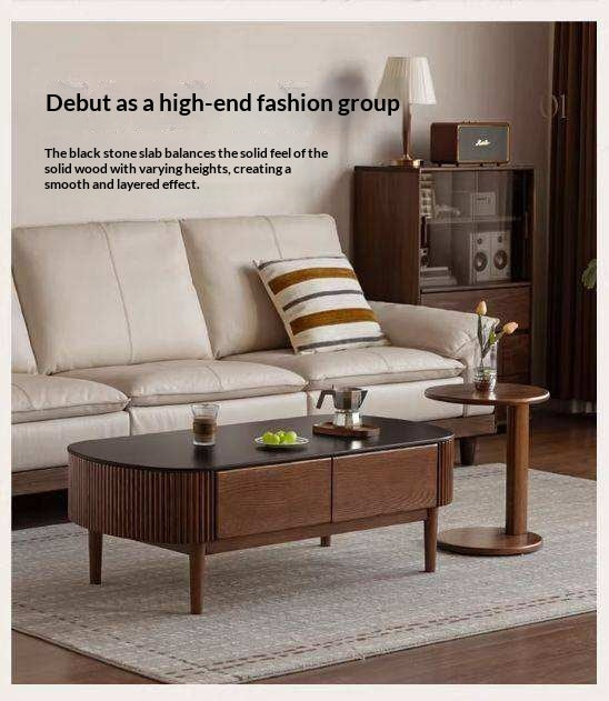 Oak Solid Wood Coffee Table with Rock Plate Surface