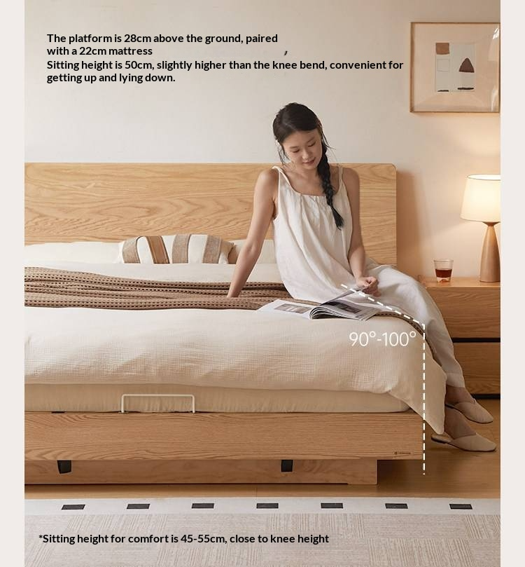 Oak Solid Wood Bed — Modern Minimalist Slab Box Design