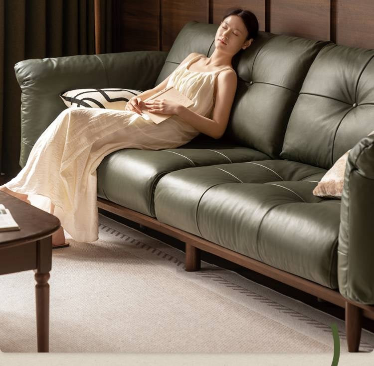 Black Walnut, Oak Solid Wood Genuine Leather Sofa Italian-Inspired