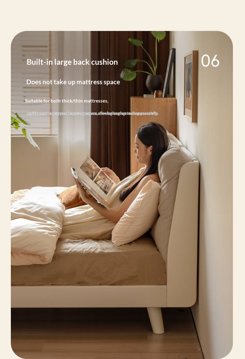 Oak, Rubberwood Solid Bed with Cream Finish — Casual Bedside with Soft Bag Backrest and White Soft Back