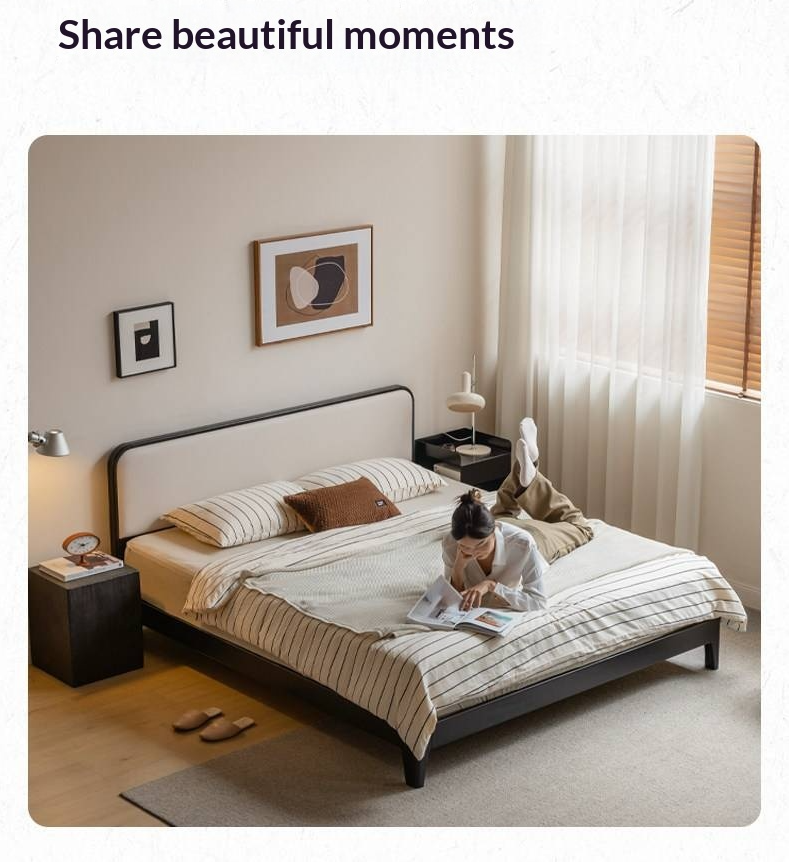 Rubberwood Solid Wood Bed — Modern Minimalist Design with Black Soft Headboard