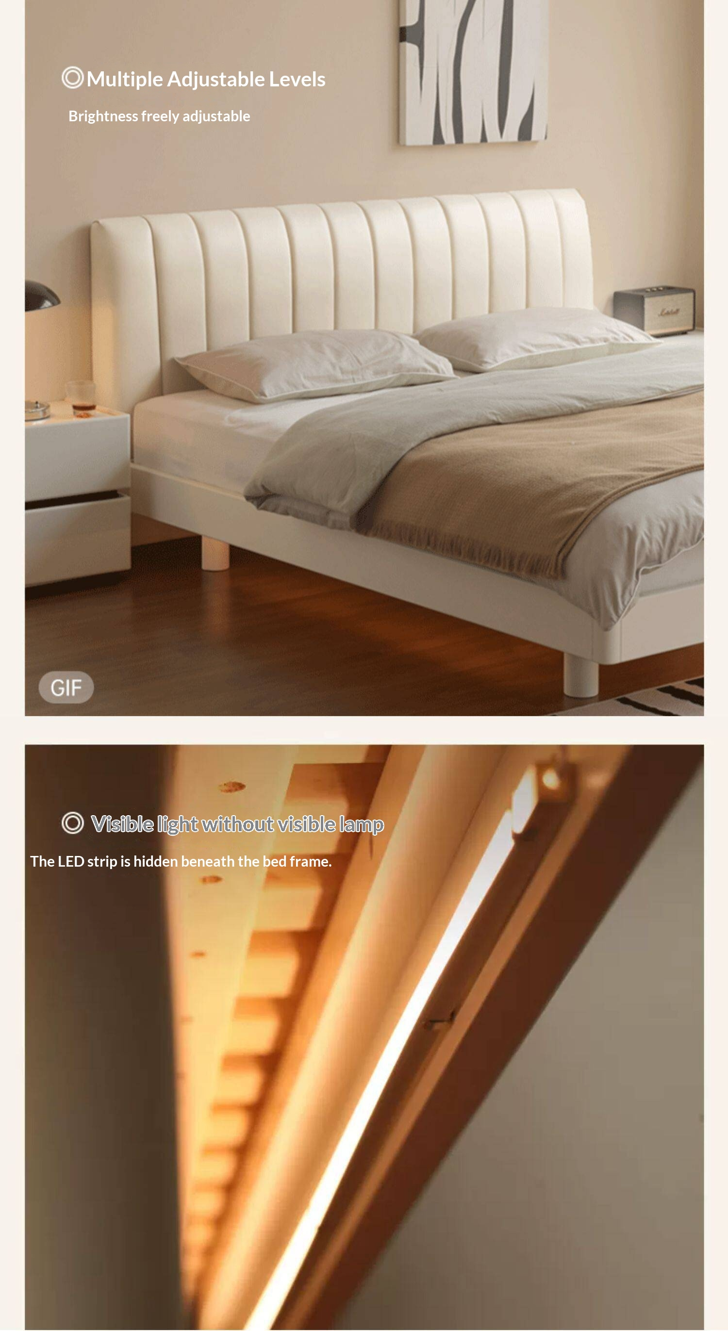 Oak,Rubber Wood Solid Wood Cream Suspended Genuine Leather Technology Fabric Soft Wrapped Bed