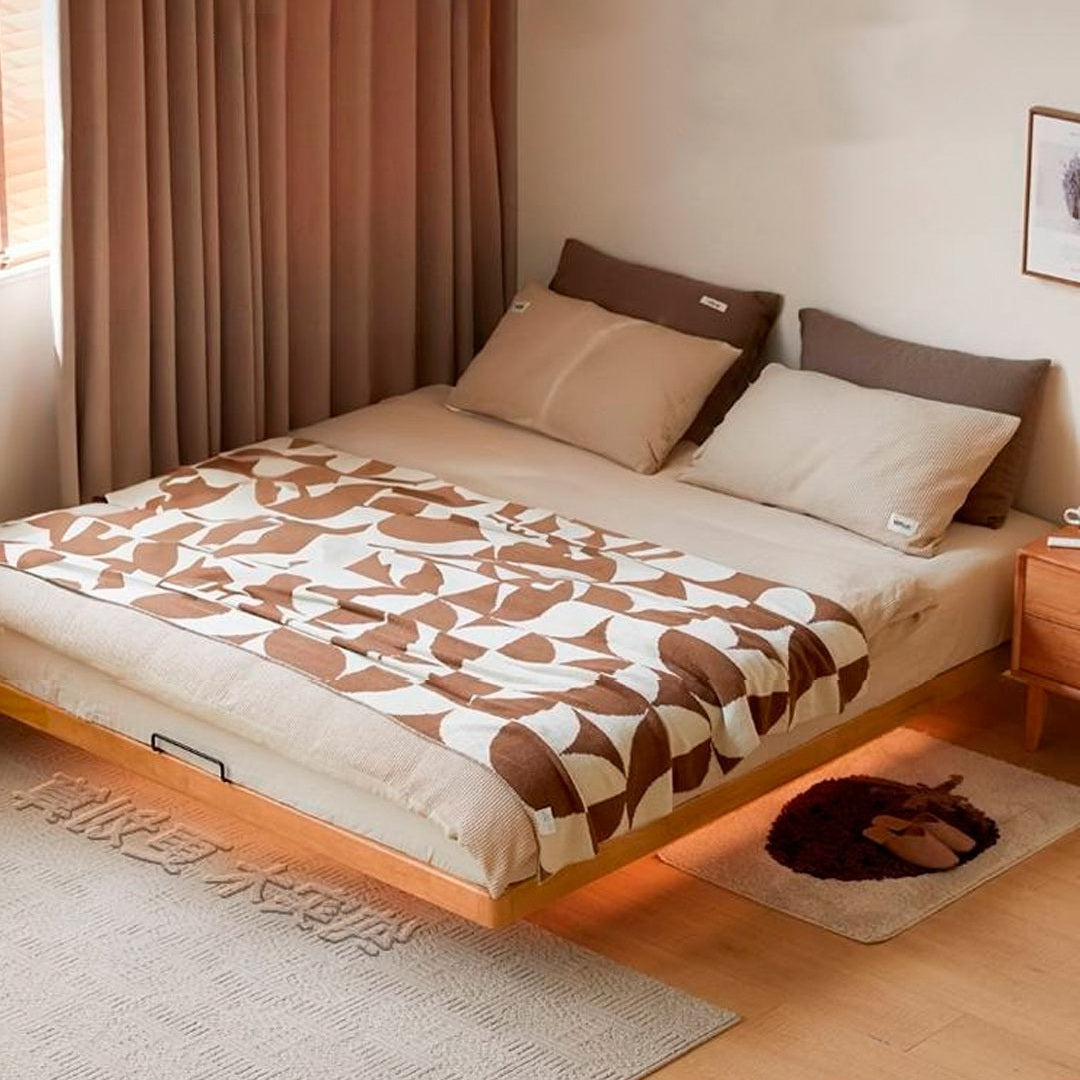 Rubberwood Solid Wood Japanese Style Suspended Platform Bed, Headboard-Free Bed