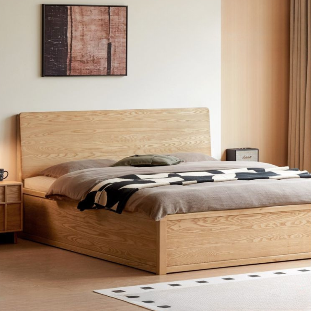 Ash Solid Wood Bed — Slab Design, Home Italian Light Luxury Box Bed