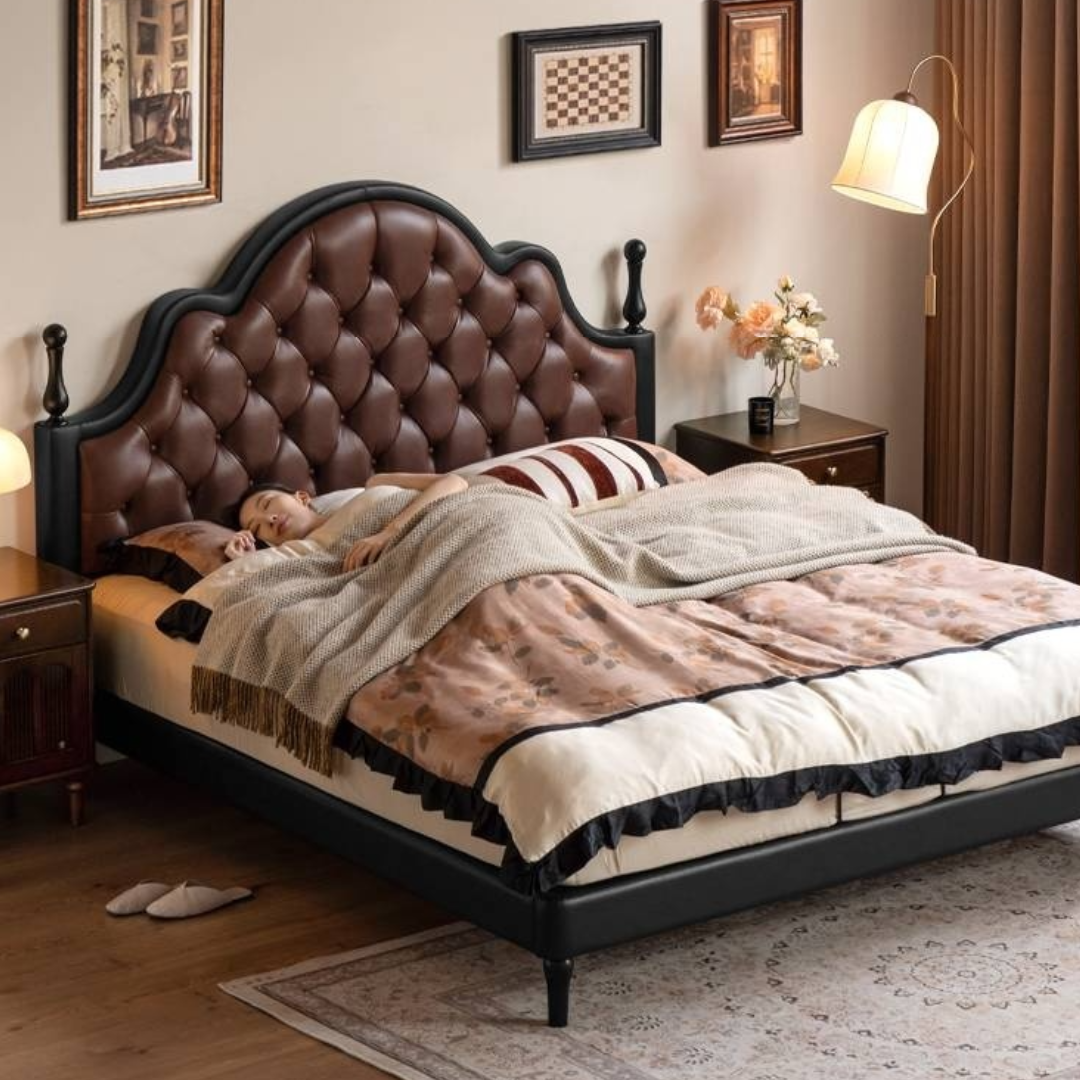 Genuine Leather Elegant Soft Backrest Bed, French Retro