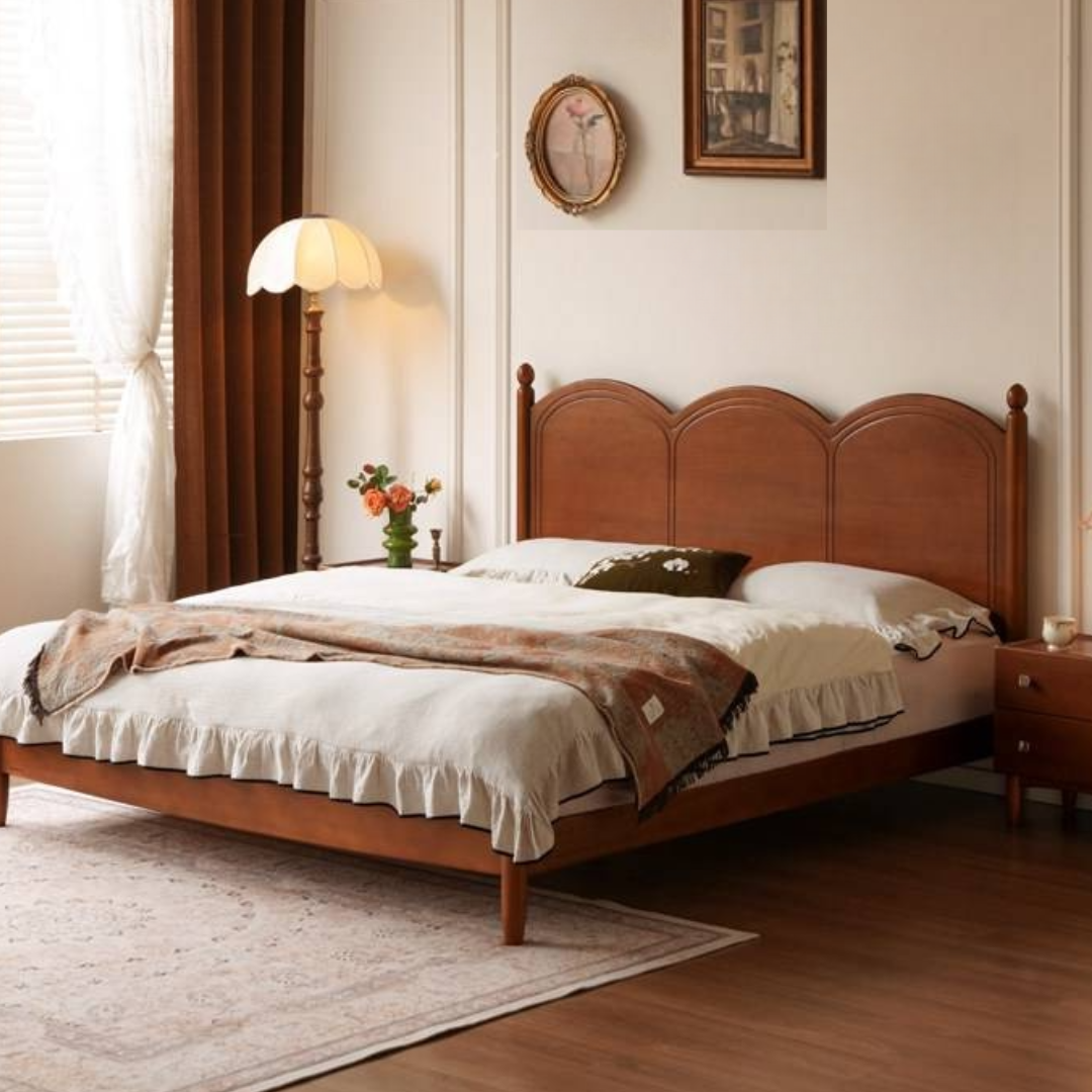 Poplar Solid Wood Bed — French Retro Bauhaus Style