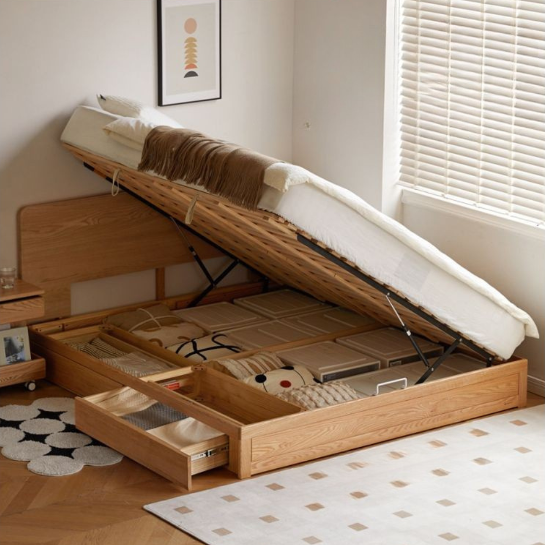 Oak, Ash, Rubberwood Solid Wood Box Bed, Platform Box Bed, Headboard-Free Bed