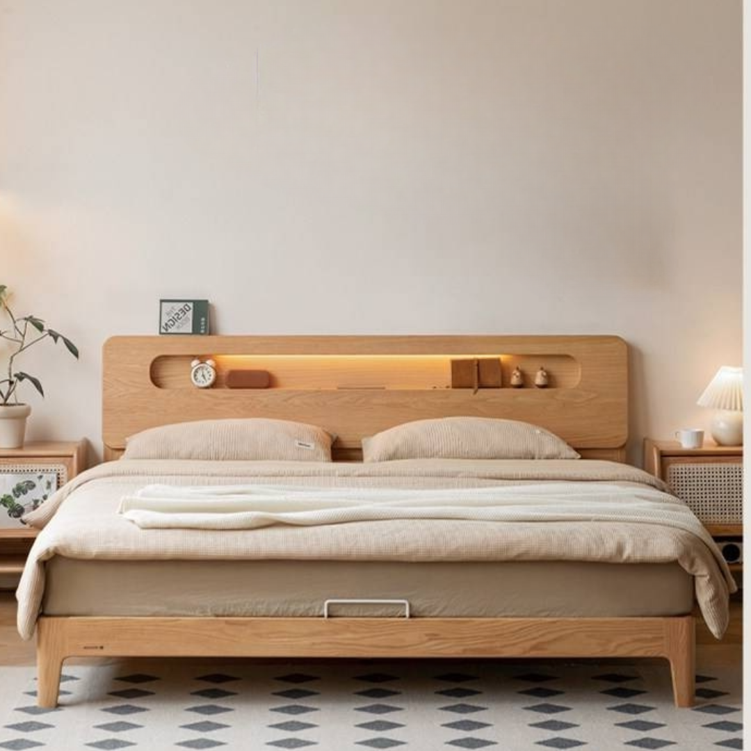 Oak Solid Wood Bed — Nordic Style with Socket and Storage