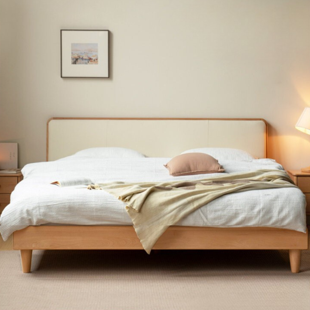 European Beech Solid Wood Bed — Soft Headboard, Simple Upholstered Light Luxury Bed