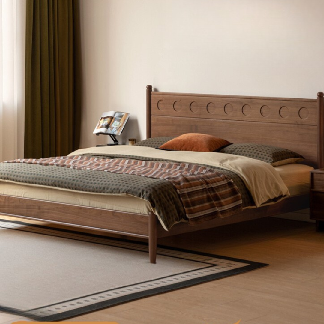 Black Walnut Solid Wood Bed with Carved Polka Dot Headboard