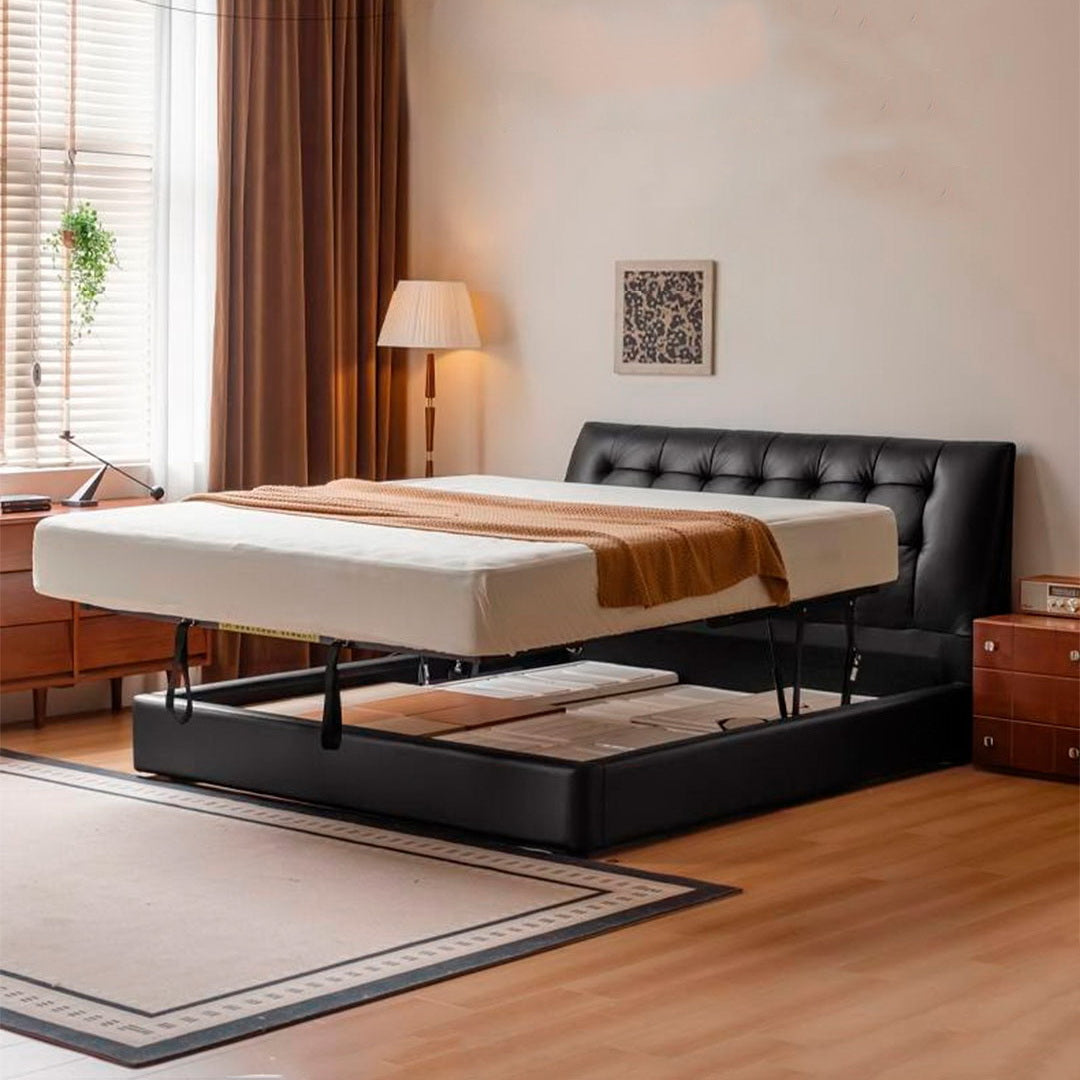 Genuine Leather Black Light Luxury Soft Box Bed