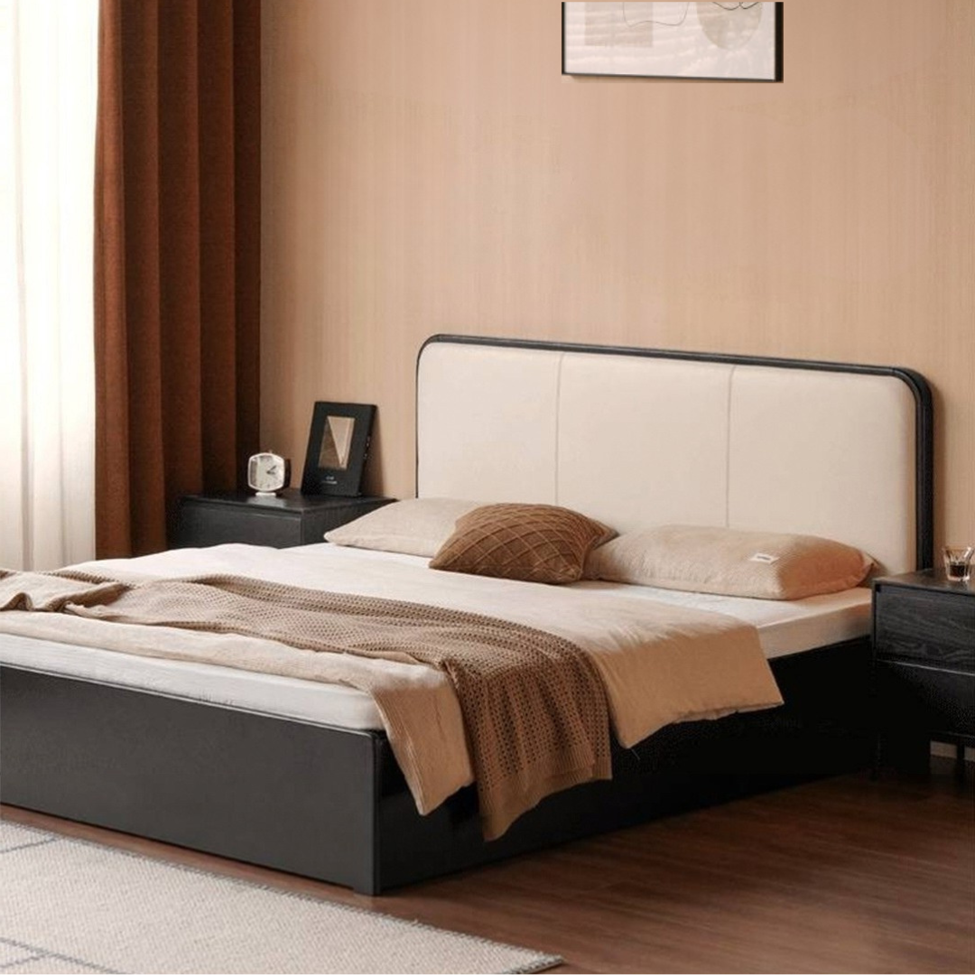 Rubberwood Solid Wood Box Bed — Modern Minimalist Black Upholstered Bed with Storage and Genuine Leather