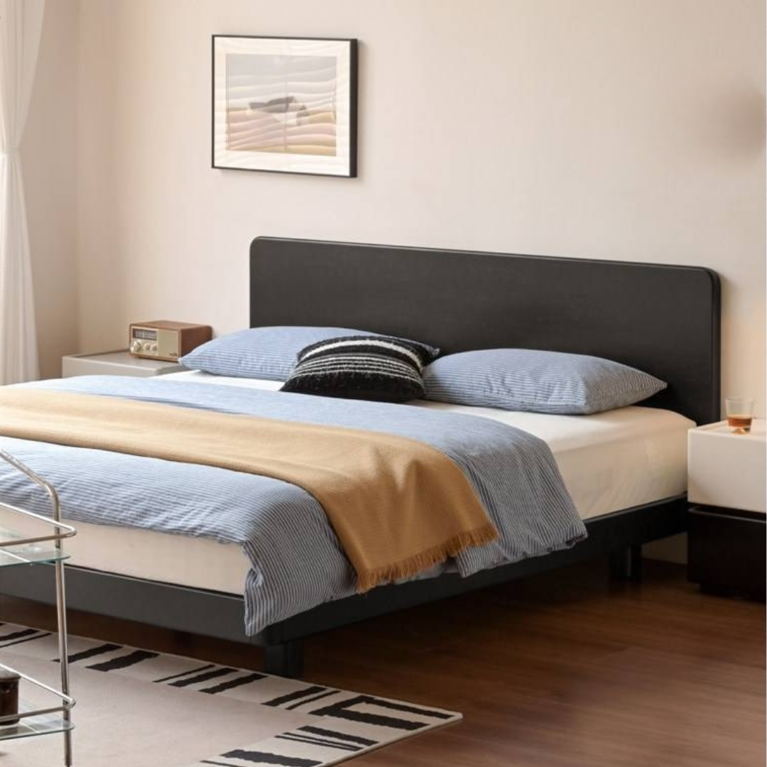 Rubberwood Solid Wood Bed — Modern Minimalist Large Slab Black Floating Bed
