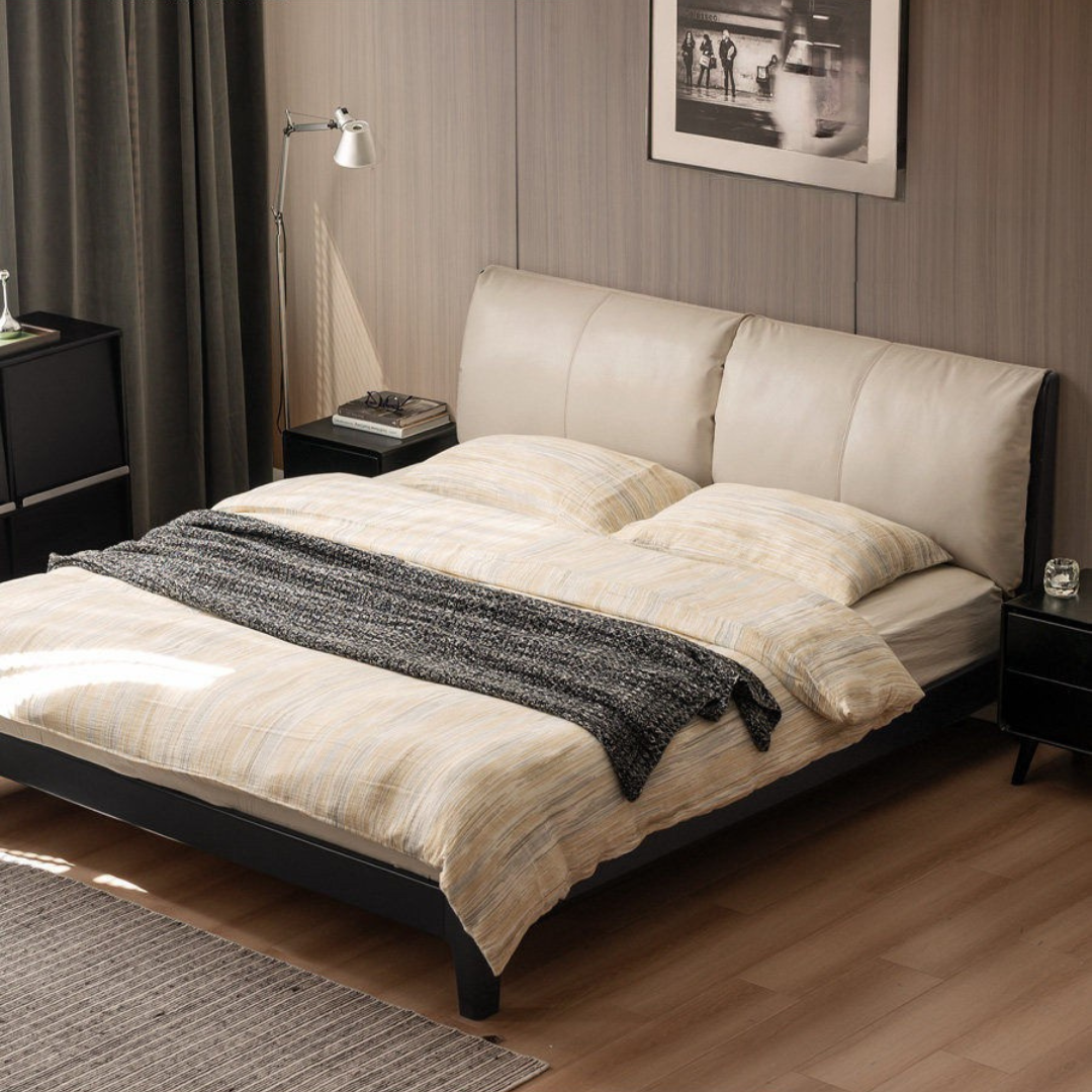 Rubberwood Solid Wood Genuine leather, Fabrics Simple Soft Double Bed