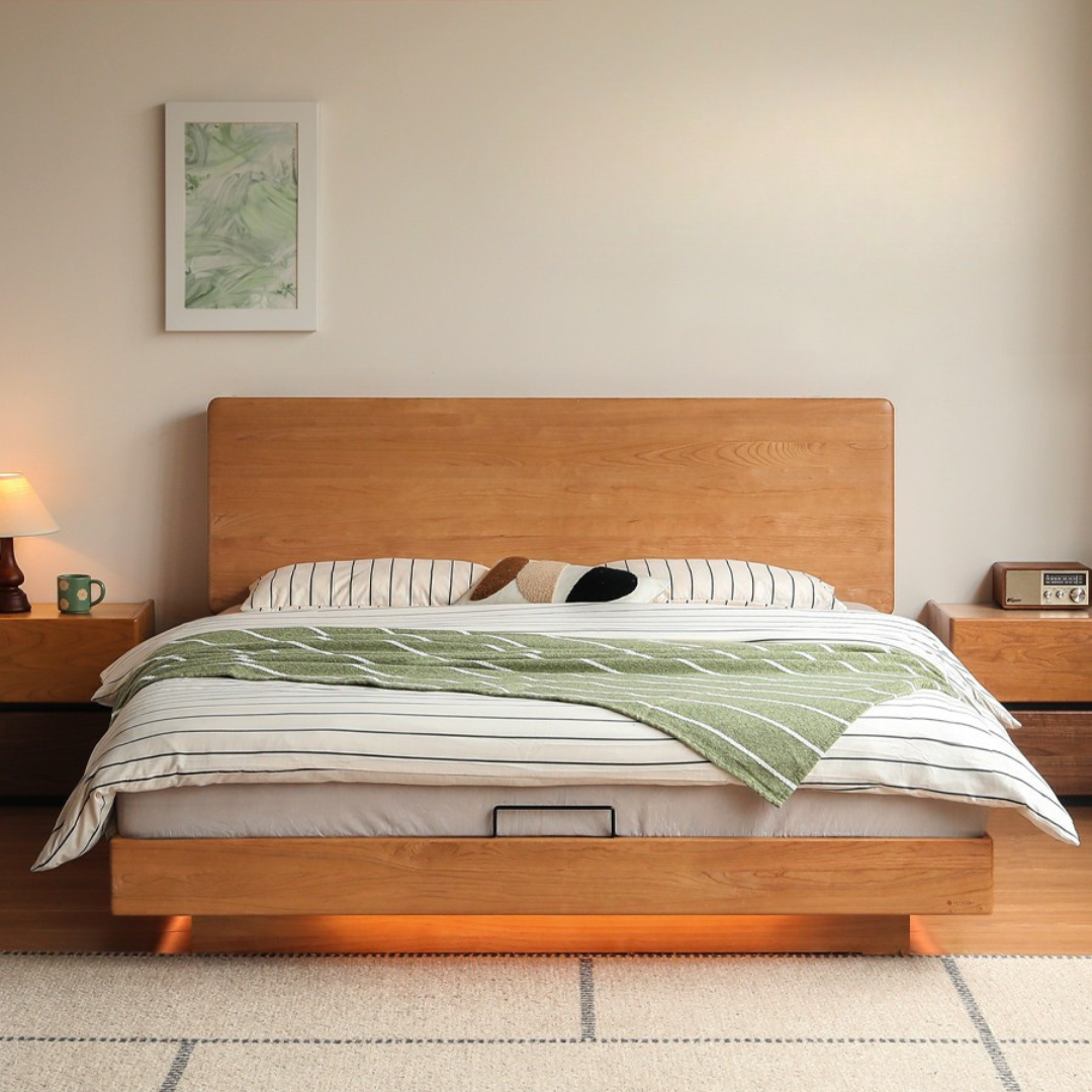 Cherry Solid Wood Modern Minimalist Storage Box Bed with Suspension Design