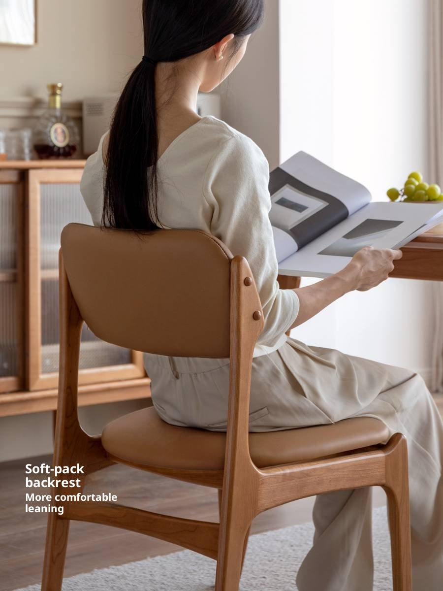 Set 4 pcs Cherry Solid Wood Vintage Dining Chairs Soft Bags Backrests