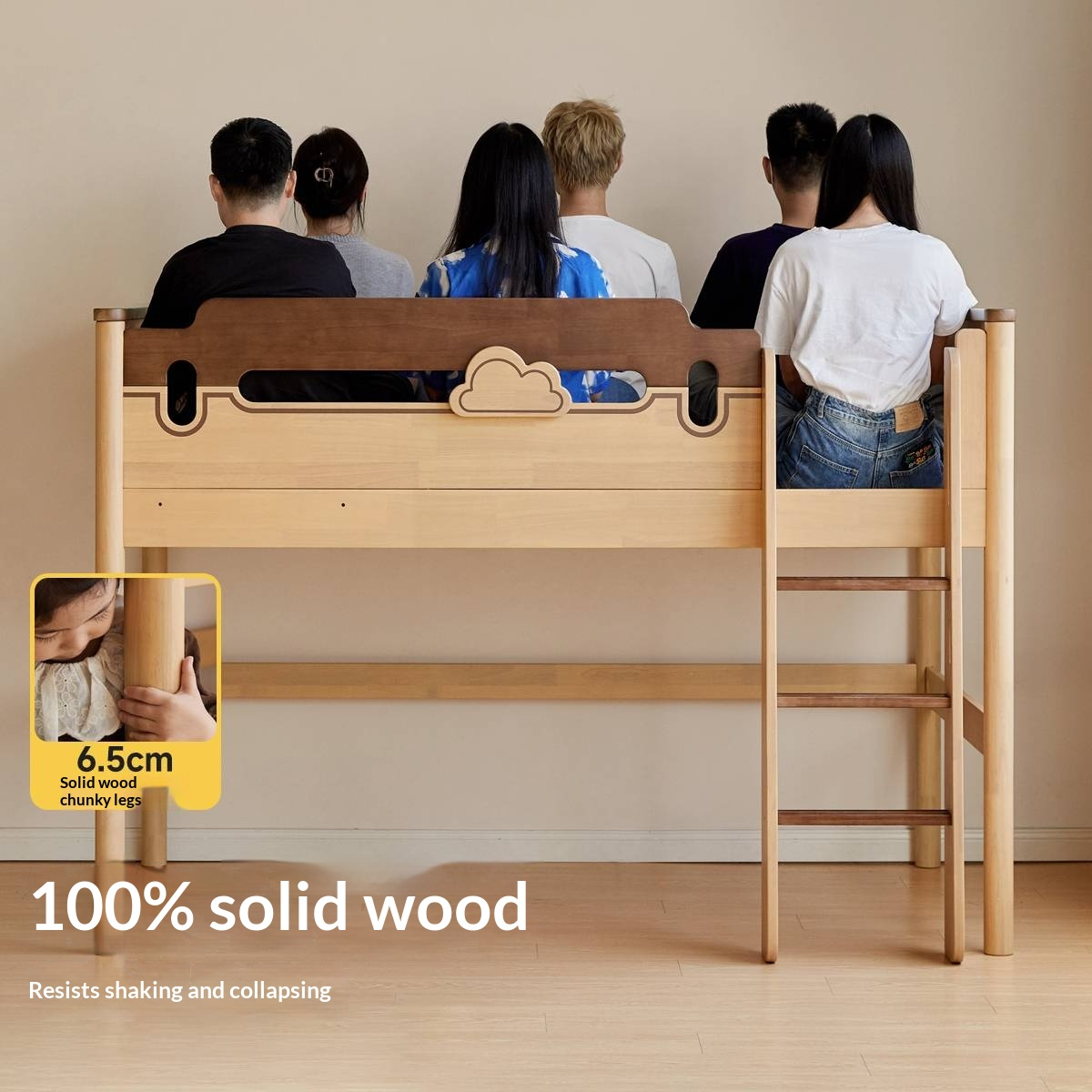 Rubberwood Solid Wood Children's Loft Bed with Under-Bed Cabinets