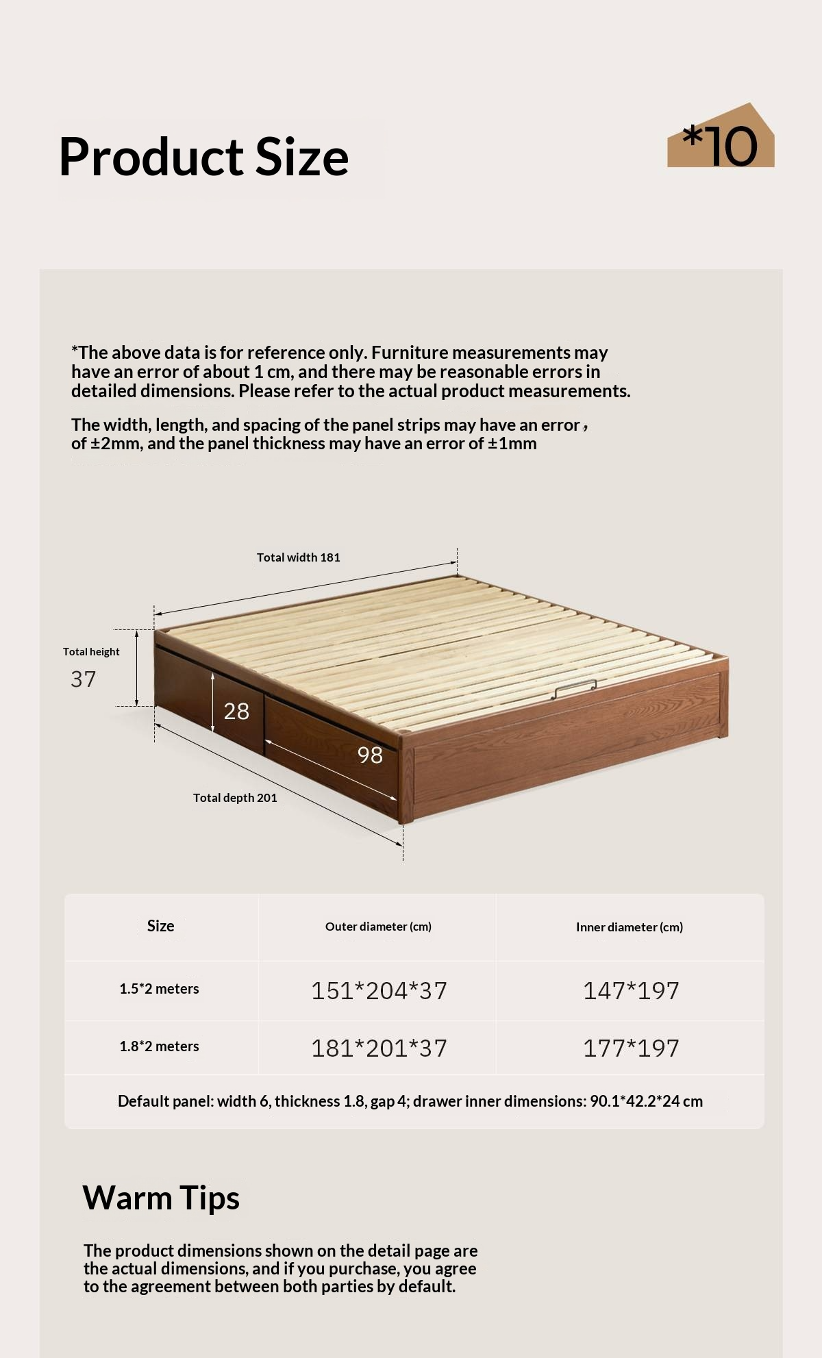 Oak Solid Wood Storage Platform Bed with Drawers, Walnut Color