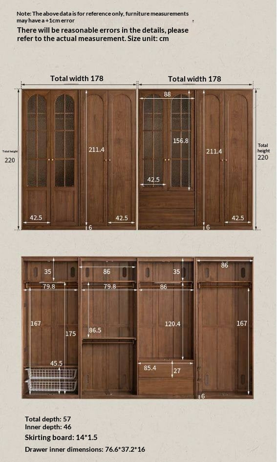 Black Walnut Solid Wood Wardrobe with French Retro Style and Double Doors
