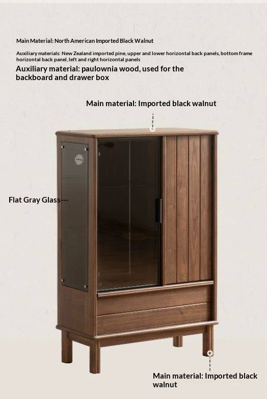 Black Walnut Solid Wood, Solid Longan Hardwood Wine Bar Cabinet with LED Lighting and Glass Door