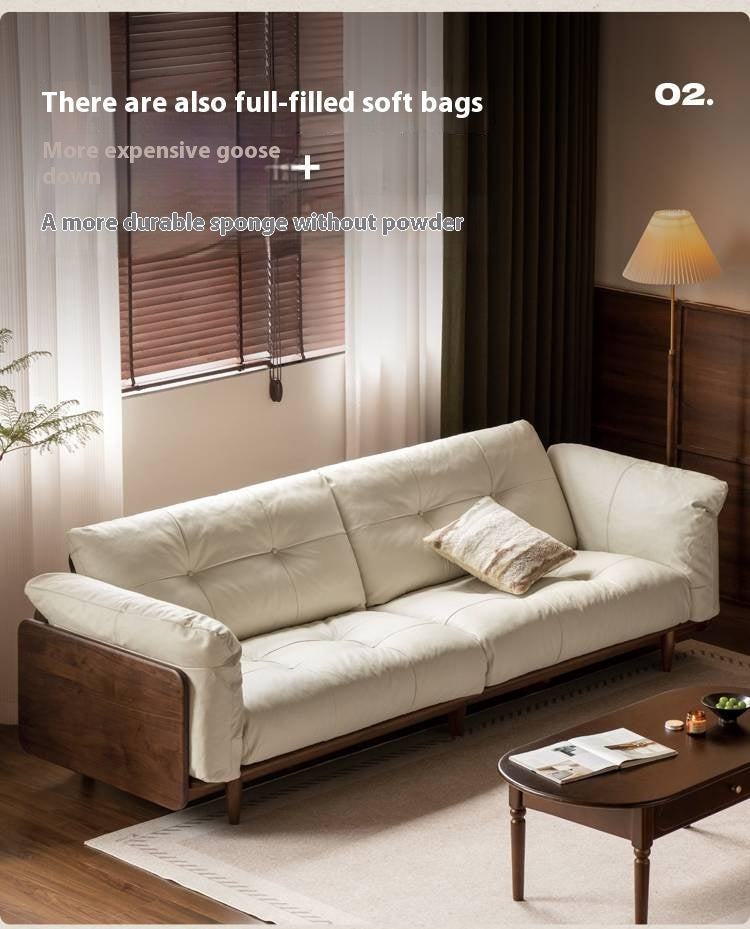 Black Walnut, Oak Solid Wood Genuine Leather Sofa Italian-Inspired