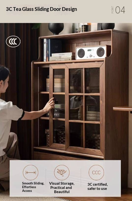 Black Walnut, Oak Solid Wood Bookcase with Storage Cabinet and Built-In Light