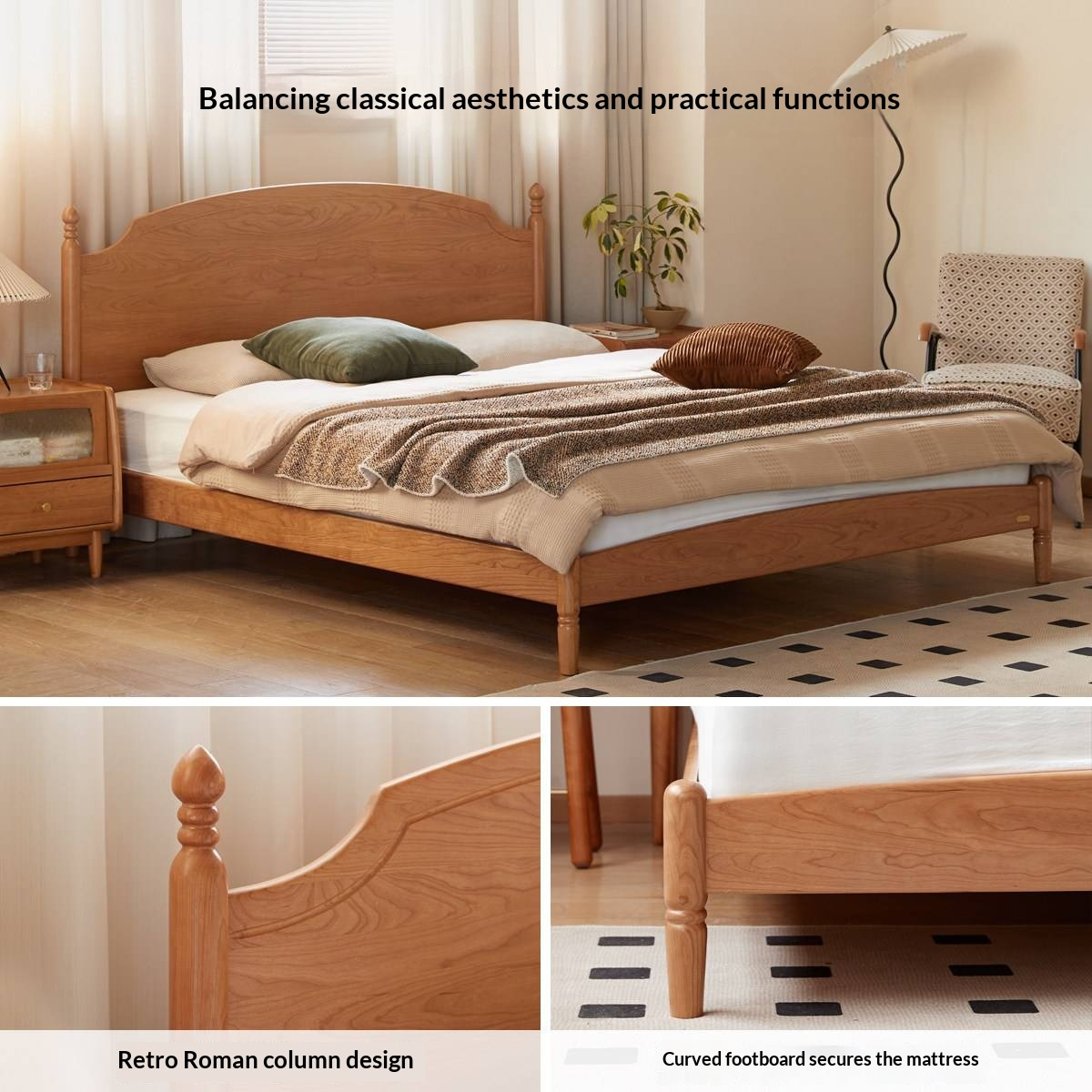 Cherry Solid Wood Bed — French Style Vintage Design