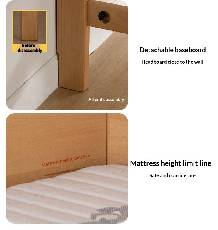 Beech Solid Wood Children's Soft Backrest Storage Loft Bed with Night Light