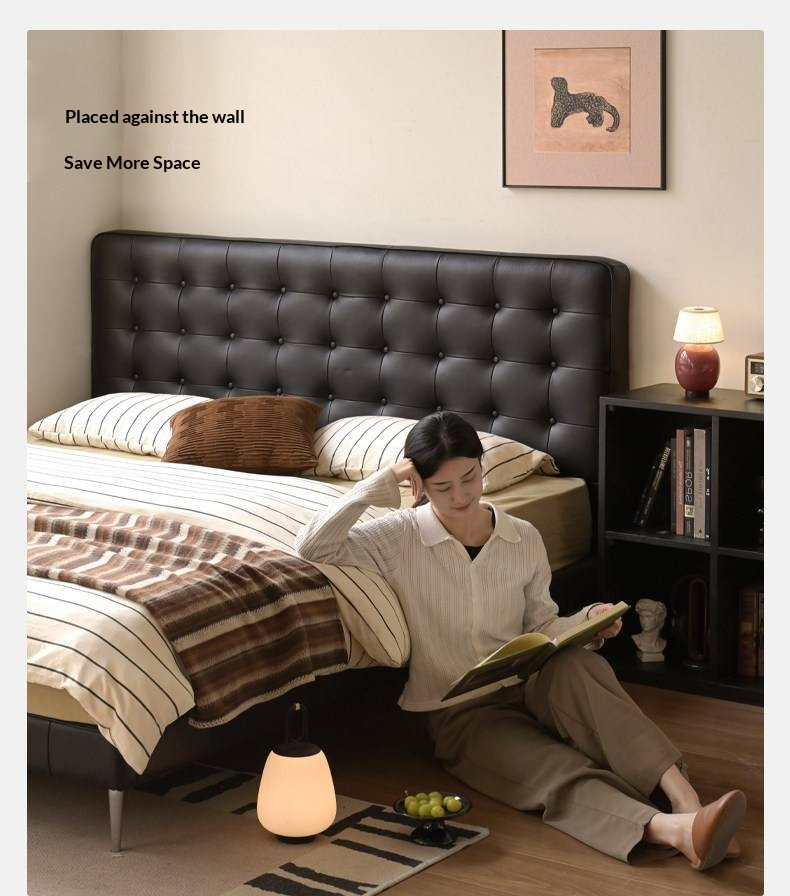 Genuine Leather Bed — Italian Light Luxury, Bauhaus Edge Design, Black Finish