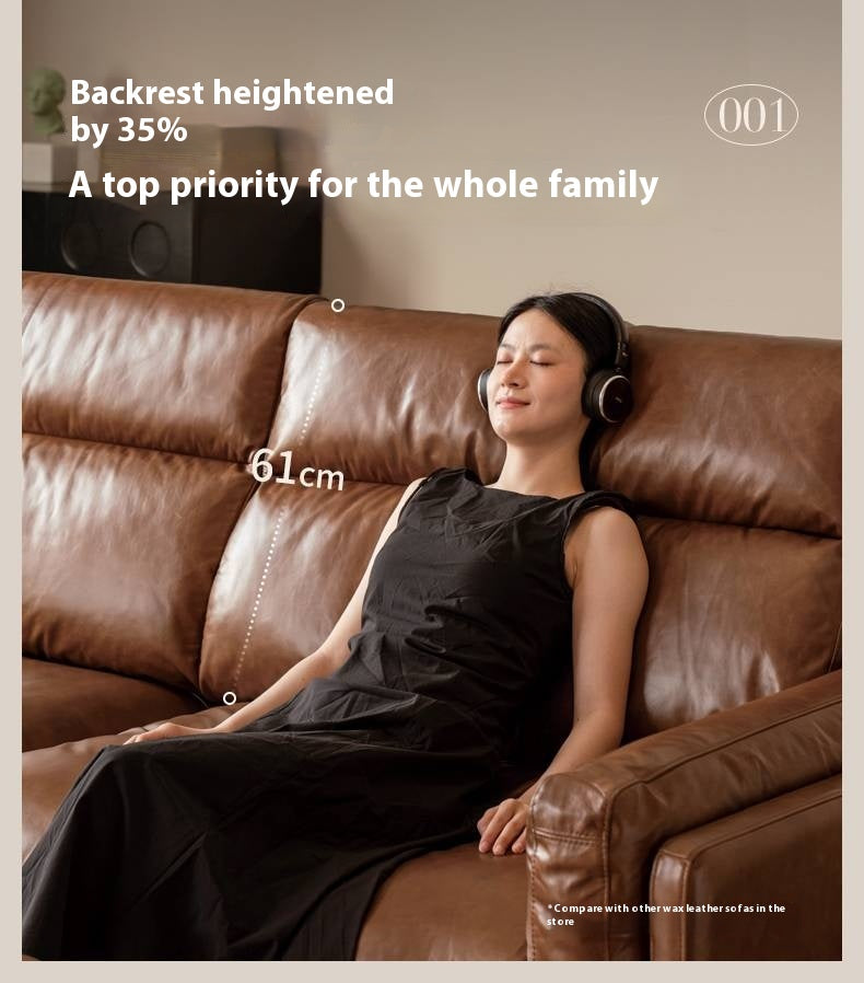 Full Leather High-Back Sofa with Oil-Wax Finish Italian-Style