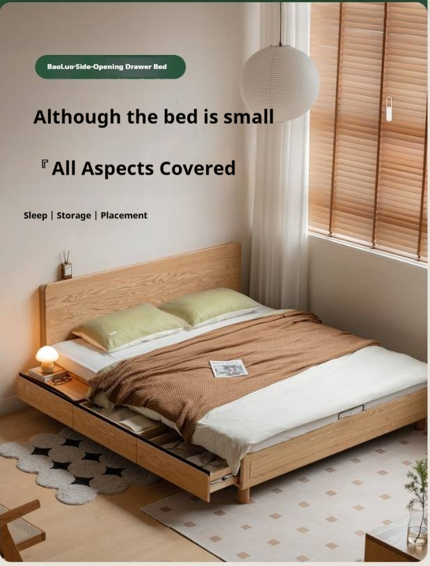 Oak Solid Wood Platform Storage Bed with Hidden Drawers and Bedside Shelf