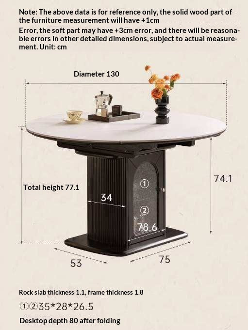 Rubberwood Solid Round Extendable Pedestal Dining Table with Stone Top and Storage Base