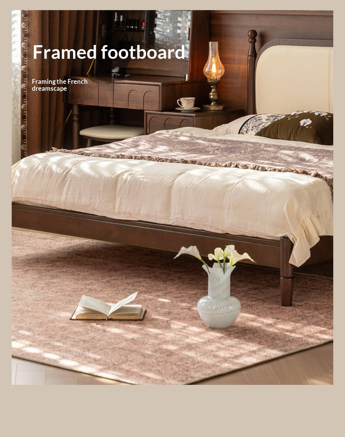 Rubberwood Solid Wood Four Poster Upholstered Bed with Adjustable Headboard
