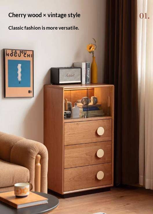Cherry Solid Wood Side Cabinet with Drawer Storage and Antique Accents