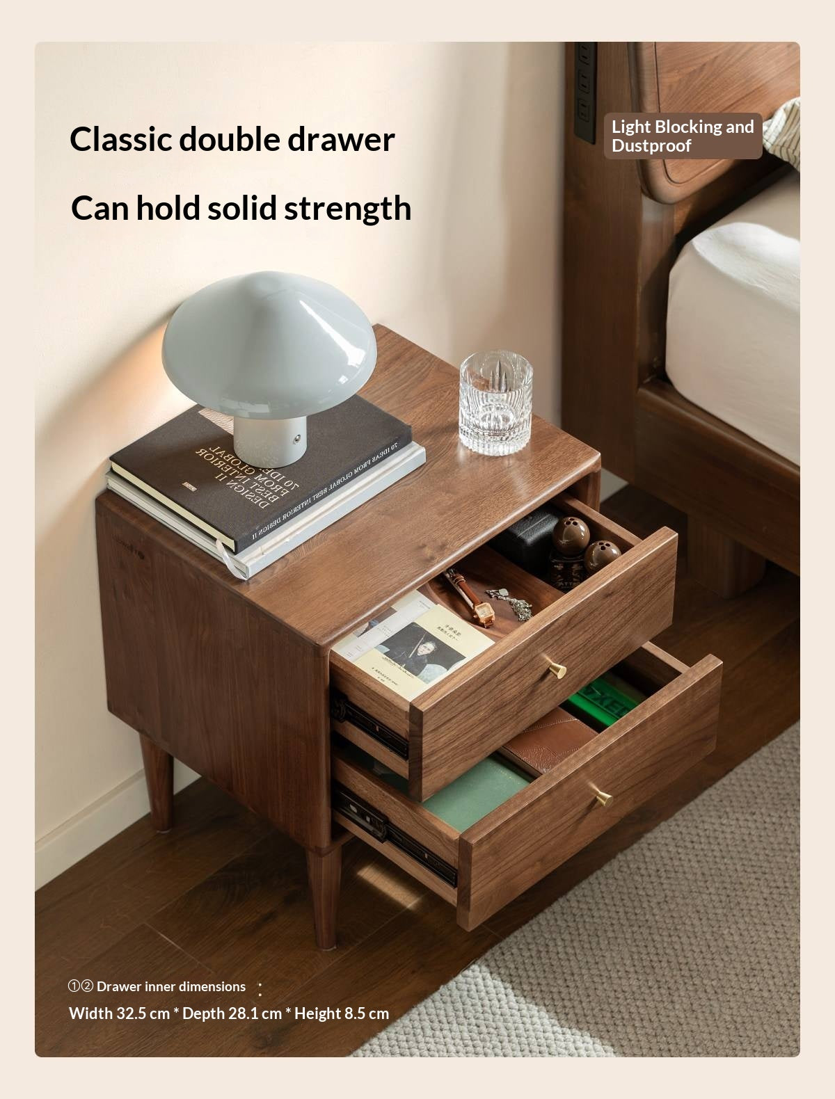 Black Walnut Solid Wood, Solid Longan Hardwood Nightstand.