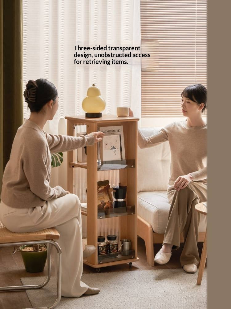 Beech Solid Wood Floor Movable Rack Side Cabinet.