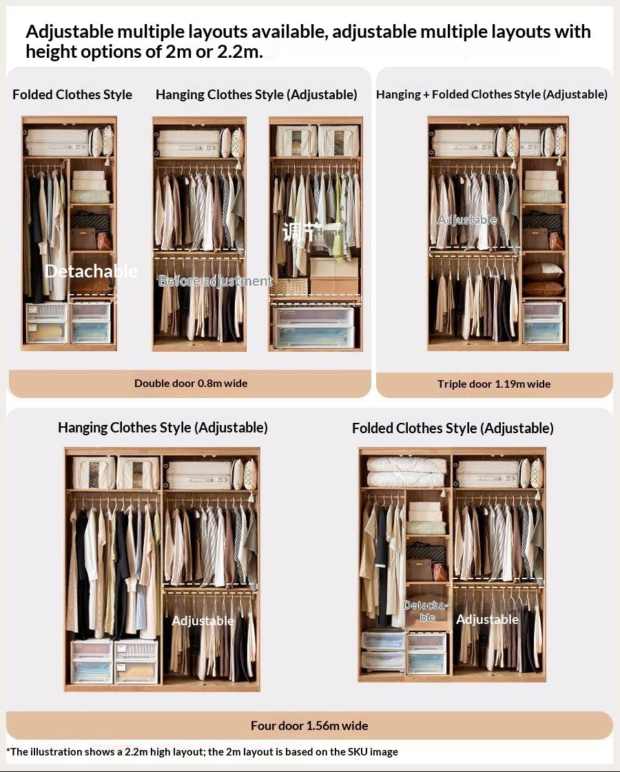 Oak Solid Wood narrow Wardrobe with Framed Panel Doors and Adjustable Layout