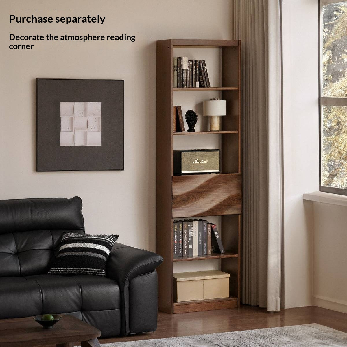 Black Walnut Solid Wood Bookshelf with Combination Storage and Display Shelves