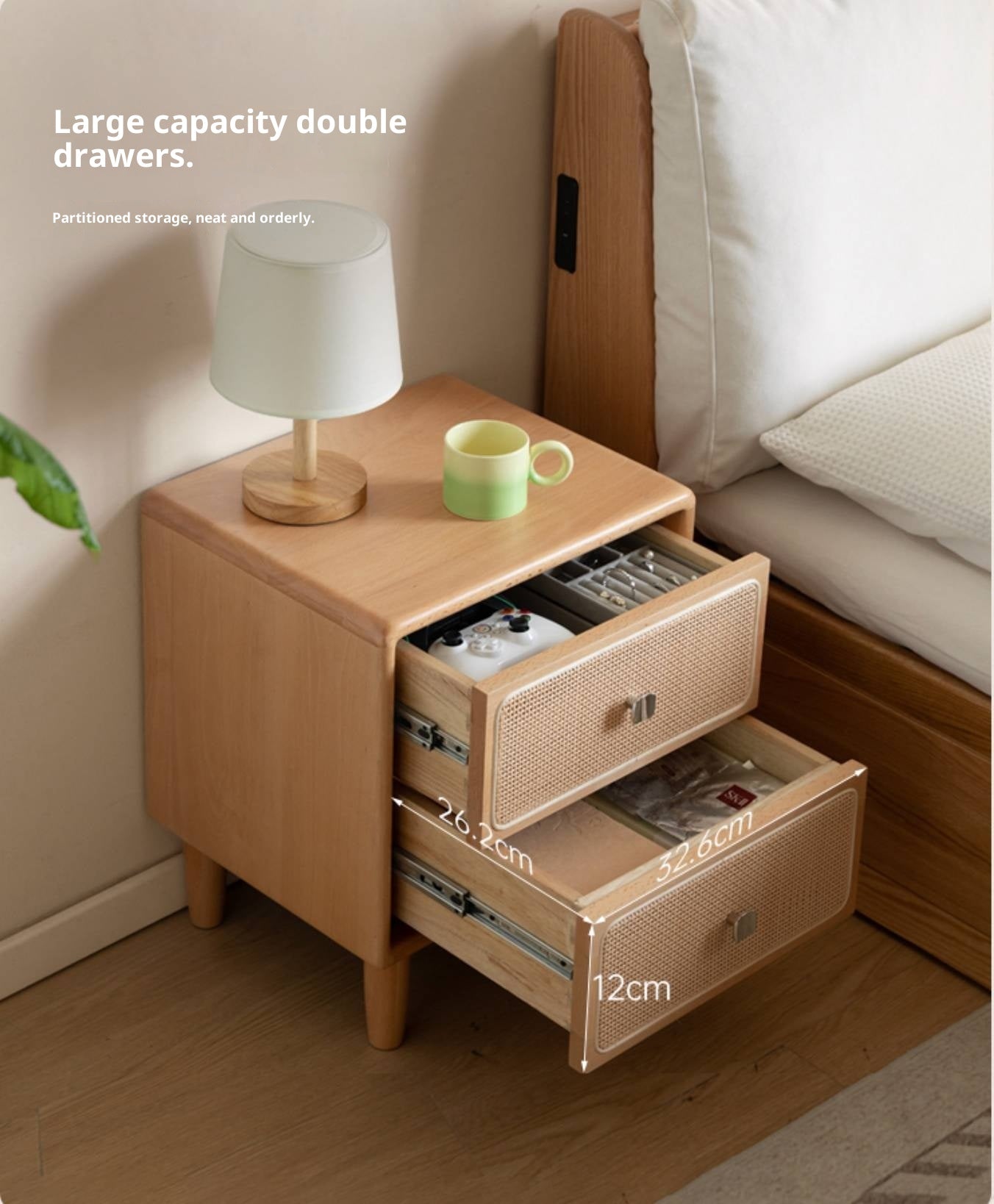 Beech Solid Wood Rattan Log Style Nightstand