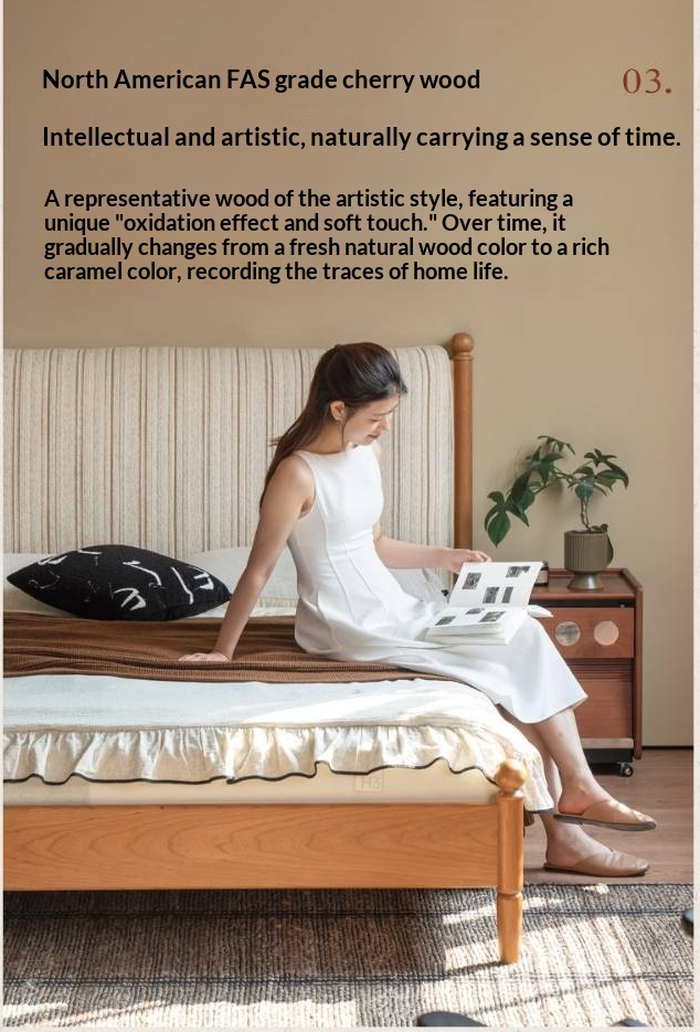 Cherry Solid Wood Fabric Upholstered Bed