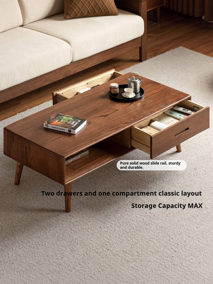 Oak, Solid Rubberwood Two-Drawer Coffee Table Walnut Color