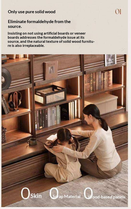 Black Walnut Solid Wood Integrated Wall Bookcase with Floor Display
