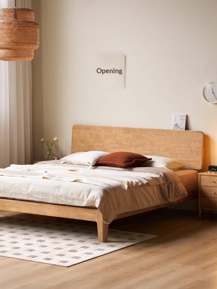 Rubberwood Solid Wood Bed — Modern Minimalist Design