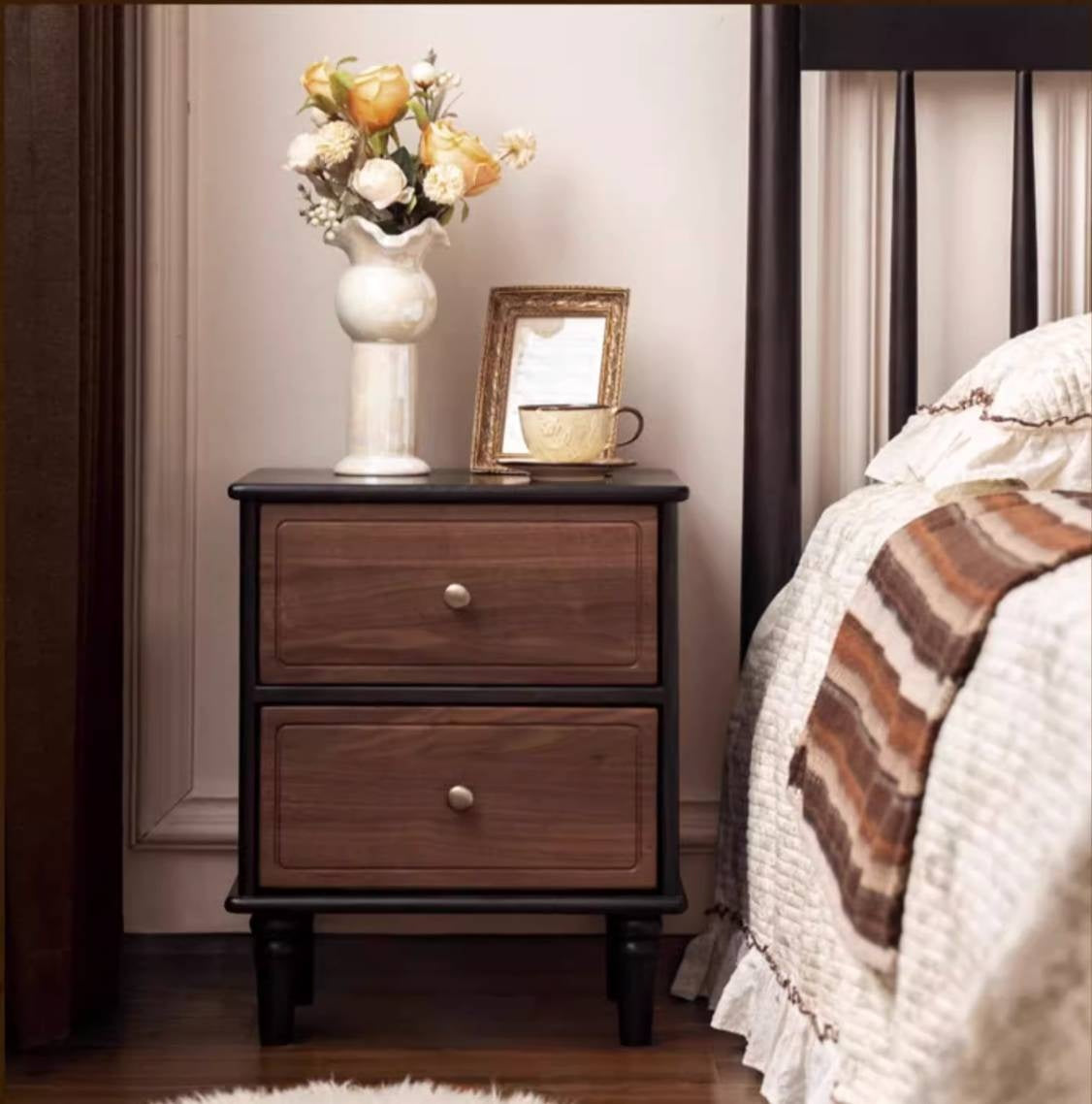 Black Walnut, Solid Rubberwood American Retro Style Nightstand