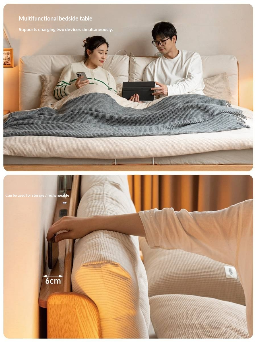 Oak Solid Wood with Upholstered Headboard Luminous Box Bed Cream Style